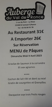 Menu du AUBERGE DU VAL DE RANCE (restaurant) à Saint-Samson-sur-Rance