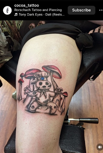 Explore simple thigh tattoo ideas, creative tattoo ideas in Cocoa, available at Rorschach Tattoo Shop and Piercing Studio