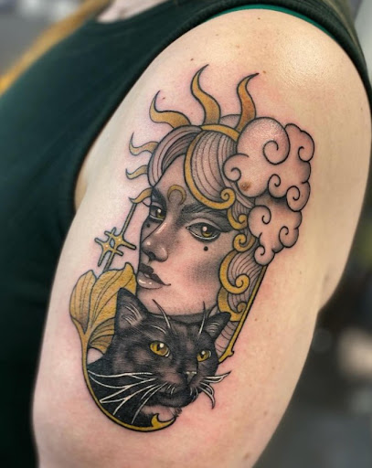 Explore dead dog tattoo ideas, creative tattoo ideas in Woodstock, available at Lost Lagoon Tattoo