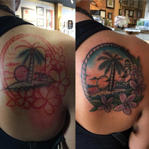 Explore blackout tattoo cover up ideas, creative tattoo ideas in Dunn, available at Heart and Hammer Tattoo Co.