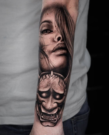 Explore life and death sleeve tattoo ideas, creative tattoo ideas in Los Angeles, available at Cleopatra Ink Tattoo & Piercing West Hollywood