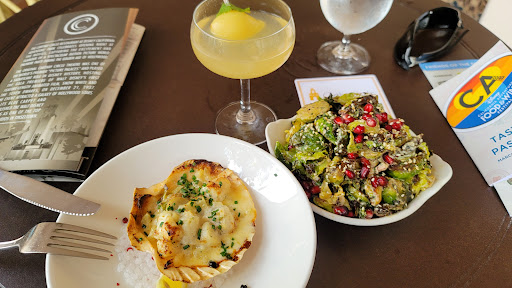 Double Pear Martini, Baked Bay Scallops, and roasted Brussel Sprouts