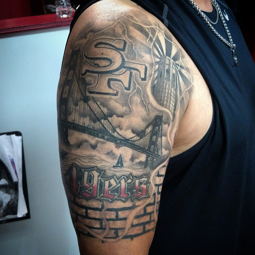 Explore tattoo ideas for men leg, creative tattoo ideas in Hollister, available at FAULTLINE TATTOO