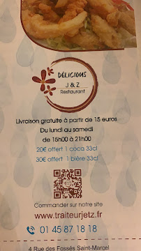 Plats chinois à emporter Traiteur J&Z à Paris (le menu)