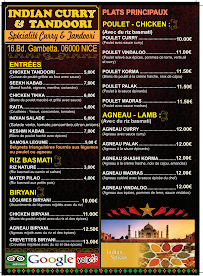 Indian Curry & Tandoori à Nice menu