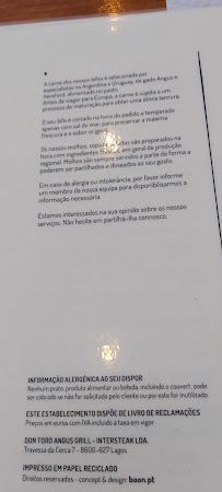 Menu / carte de Don Toro - Angus Grill à Quarteira