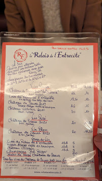 Restaurant Le Relais de l'Entrecôte à Paris (le menu)