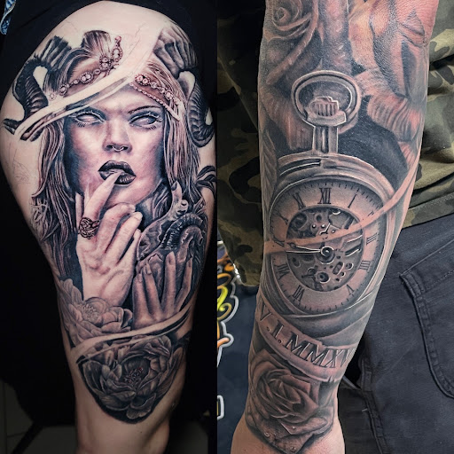 Explore angel tattoo sleeve ideas, creative tattoo ideas in Sarasota, available at SEVEN SINS Tattoo Studio