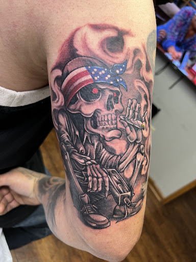 Explore gangster tattoo sleeve ideas, creative tattoo ideas in Adrian, available at Good Life Tattoo Co.