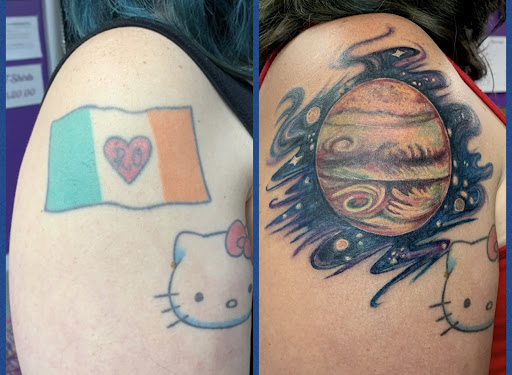 Explore wrist cover up tattoos ideas, creative tattoo ideas in Goshen, available at Lady Luck Studio