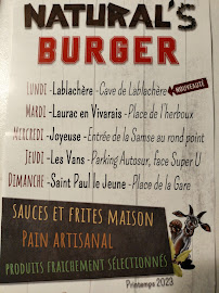 Menu / carte de Natural's Burger à Chambonas