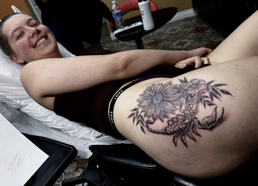 Explore womens thigh tattoo ideas, creative tattoo ideas in Sunnyvale, available at Da Wei Tattoo Inc