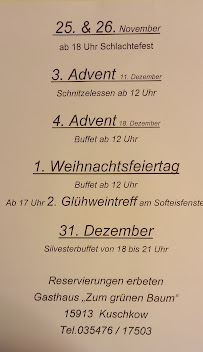 Menu / carte de Gaststätte Zum Grünen Baum à Märkische Heide