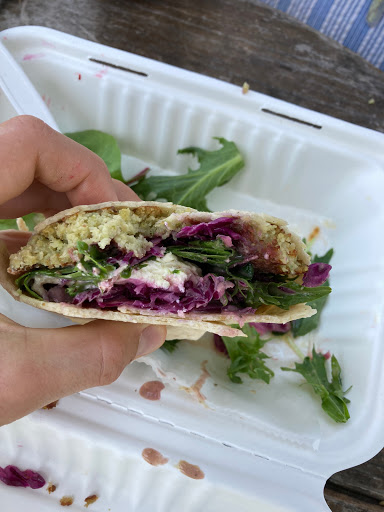 Falafel Wrap with feta, arugula, and a GF wrap. One of the best falafel wraps I’ve had in a while.