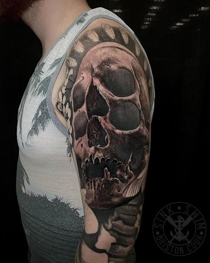 Explore chest and stomach tattoo ideas, creative tattoo ideas in Marietta, available at Sink or Swim Studio and Gallery