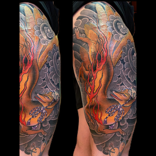 Explore female leg tattoo ideas, creative tattoo ideas in Castleton On Hudson, available at Kumo Tattoo Studio