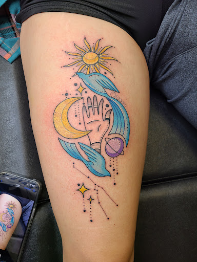 Explore dark side of the moon tattoo ideas, creative tattoo ideas in Aledo, available at Elevated Tattoo & Piercing