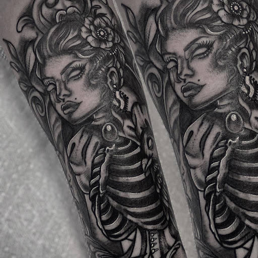 Explore woman shoulder tattoo ideas, creative tattoo ideas in Somerset, available at Black Cat Tattoo