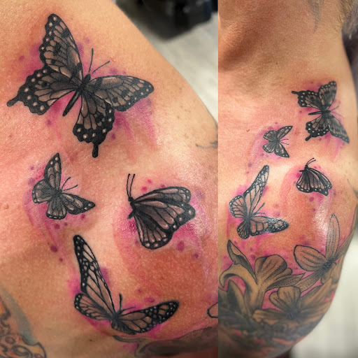 Explore half sleeve mens tattoo ideas, creative tattoo ideas in Vincennes, available at Silver Owl Tattoo