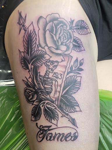 Explore ideas for thigh tattoos, creative tattoo ideas in Oklahoma City, available at Gold Fang Gallery