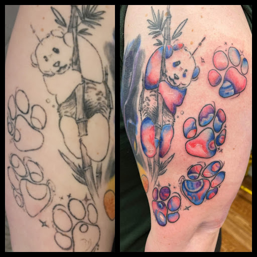 Explore sleeve tattoo fill in ideas, creative tattoo ideas in Shelbyville, available at Stage Left Tattoo and Piercing