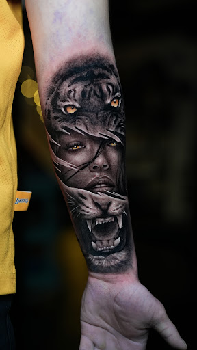 Explore mens bicep tattoo ideas, creative tattoo ideas in Corona, available at Crop Circles Tattoo Studio