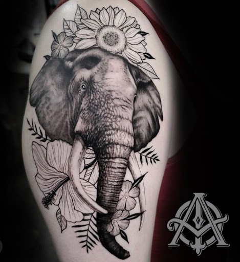 Explore oni mask tattoo ideas, creative tattoo ideas in Prescott, available at BlackGold Tattoo