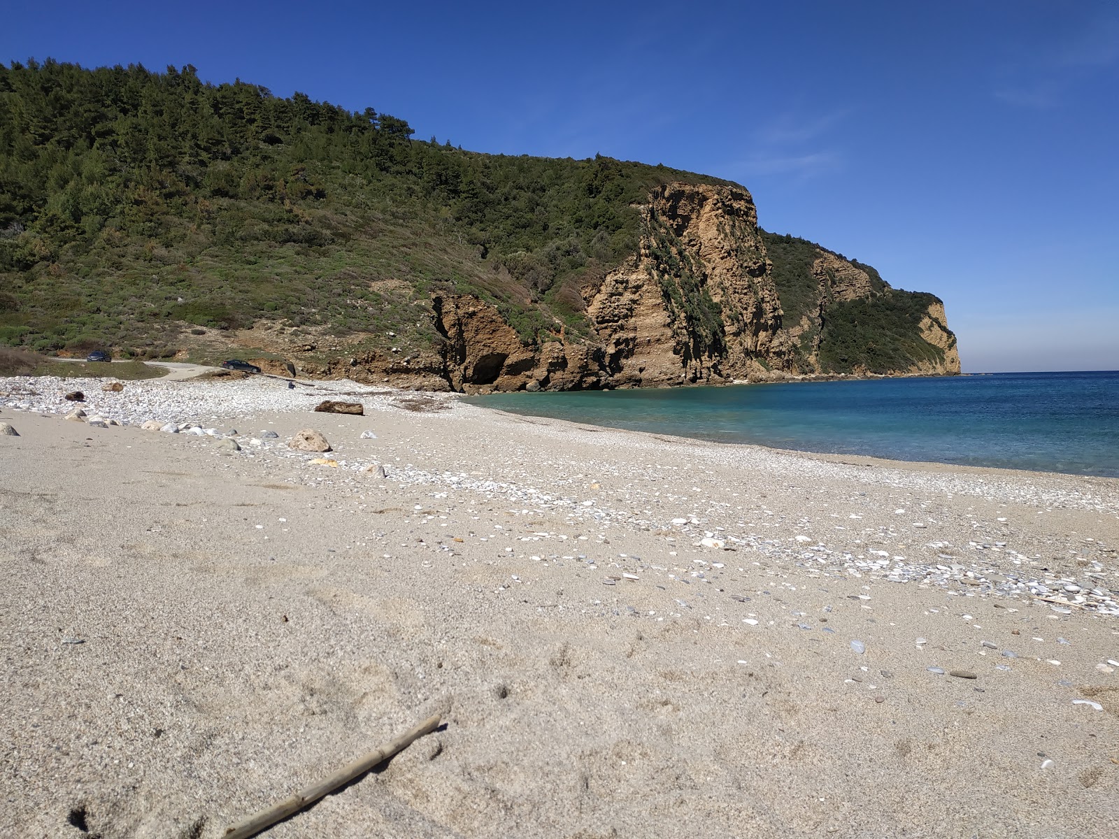 Foto de Theotokos beach com areia clara e seixos superfície