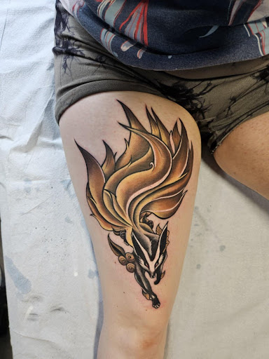 Explore leg sleeve tattoo ideas, creative tattoo ideas in Tulsa, available at Spaded and Jaded Tattoo