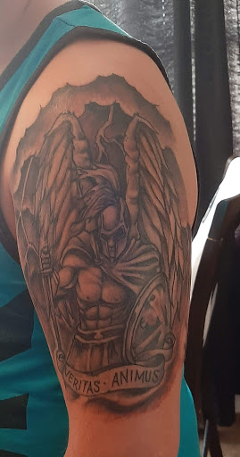 Explore st michael the archangel tattoos ideas, creative tattoo ideas in Roanoke, available at RailYard INK