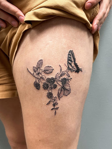 Explore elephant thigh tattoo ideas, creative tattoo ideas in Hillsboro, available at Breaking Ink