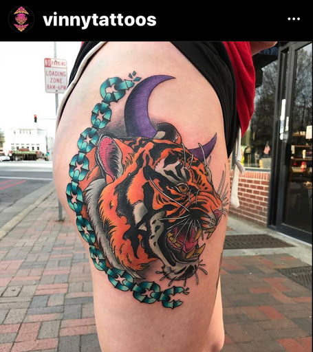 Explore tattoo ideas for women leg, creative tattoo ideas in Marietta, available at Lucky Draw Tattoos III