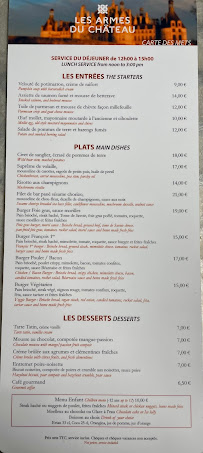 Restaurant français Les Armes Du Château à Chambord (le menu)