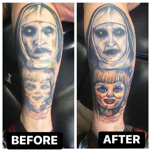 Explore cross sleeve tattoo ideas, creative tattoo ideas in Athens, available at United Ink Tattoos and Body Piercings