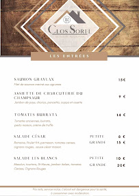 Menu / carte de Restaurant Hotel Chalet Les Blancs Le Clos Sorel à Pra Loup