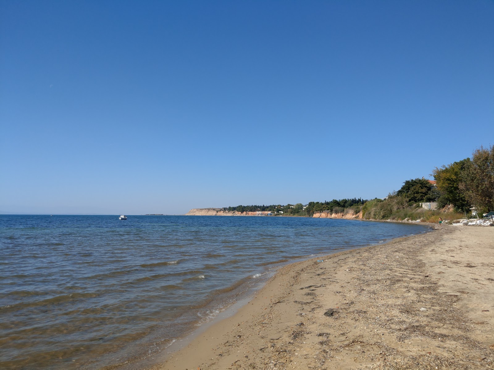 Foto av Nea Michiona beach med musta hiekka ja kivi yta