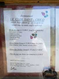Menu / carte de Clos Saint Cricq à Parleboscq
