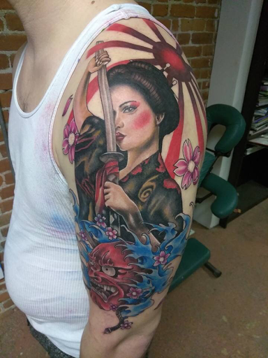 Explore mens patchwork tattoo ideas, creative tattoo ideas in Springfield, available at Red Tip Tattoos