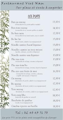 Menu / carte de Restaurant Traditionnel Viet Nam à Vallet