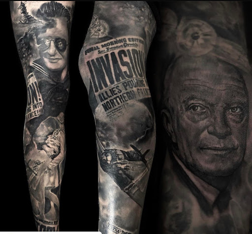 Explore patriotic sleeve tattoo ideas, creative tattoo ideas in Fort Wayne, available at Grade A Tattoos and Body Piercing
