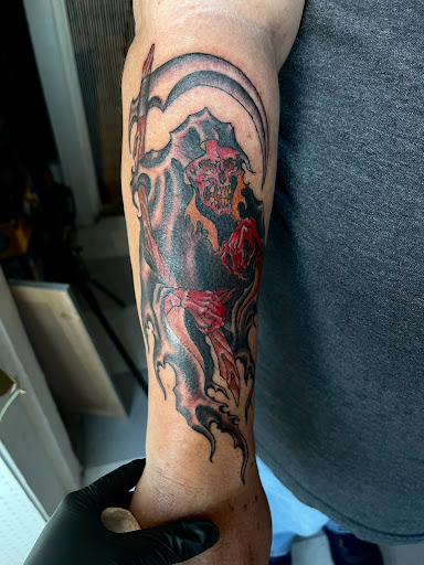 Explore oni mask tattoo ideas, creative tattoo ideas in Wichita Falls, available at BURIAL tattoo