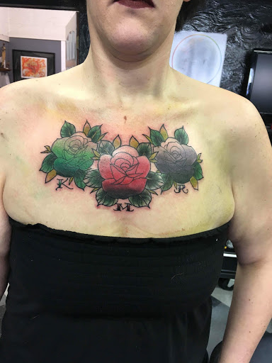 Explore thigh tattoo ideas for men, creative tattoo ideas in Kearney, available at Bread N Butter Tattoo