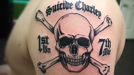Explore blue line tattoo ideas, creative tattoo ideas in Twentynine Palms, available at Hilltop Tattoo Company