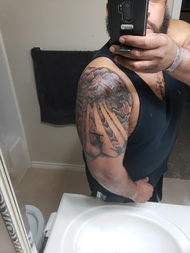 Explore chest tattoo cover up ideas, creative tattoo ideas in Denton, available at Lizards Ink Tattoo and piercing, Denton, tx