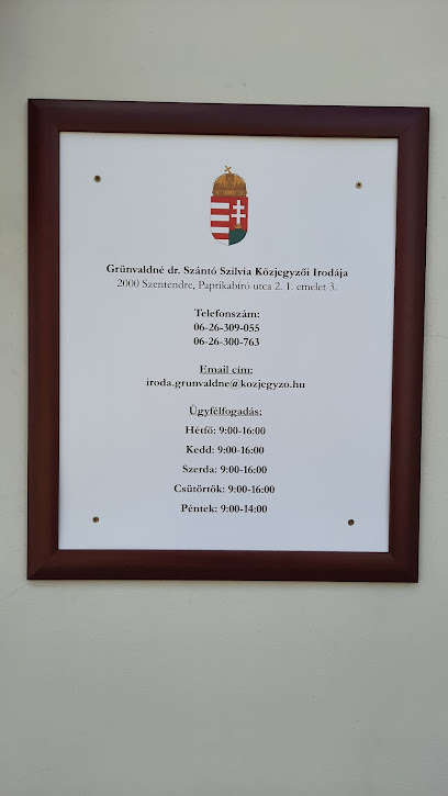 Grünvaldné dr. Szántó Szilvia Közjegyzői Irodája Szentendre 1. sz. székhely