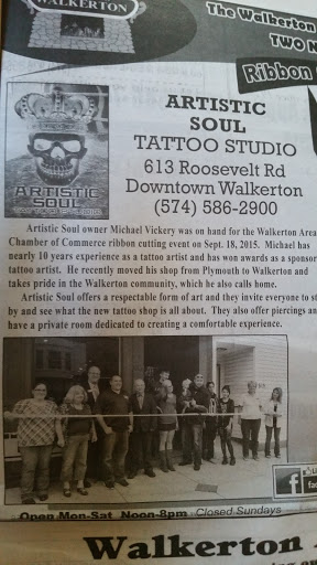 Tattoo Shop «Artistic Soul Tattoo Studio», reviews and photos, 613 Roosevelt Rd, Walkerton, IN 46574, USA