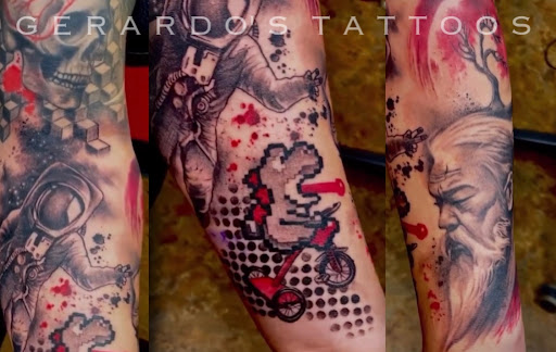 Explore patch sleeve tattoo ideas, creative tattoo ideas in Houston, available at Gerardos Tattoos