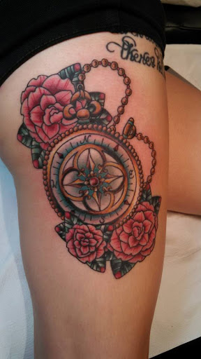 Explore inner thigh tattoo ideas, creative tattoo ideas in Redding, available at The Salty Sloth Tattoo