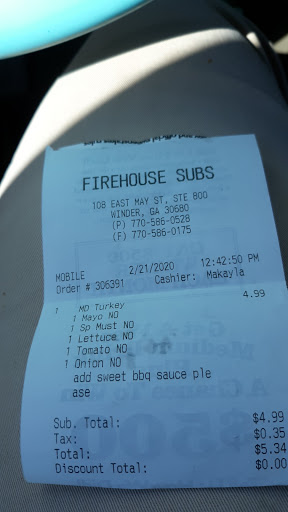 Sandwich Shop «Firehouse Subs», reviews and photos, 108 E May St #800, Winder, GA 30680, USA