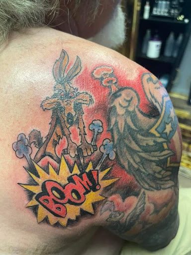 Explore jake the dog tattoo ideas, creative tattoo ideas in Muncie, available at Obscura Tattoo shop and Oddity Collective